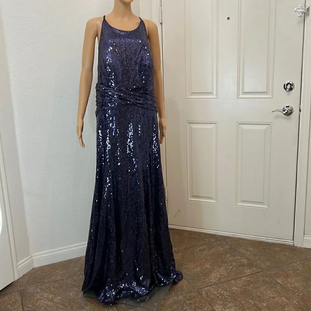 Purple Shimmering Sequin Dress Scoop Neck Sleeveless Adjustable Tie Backless